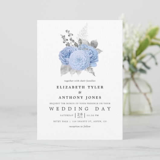 Pastel Blue en Silver  Roos Wedding Kaart (Staand voorkant)