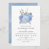 Pastel Blue en Silver  Roos Wedding Kaart (Voorkant / Achterkant)
