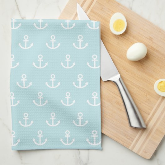 Pastel Blue en White Anchor Pattern Theedoek (Quarter Fold)