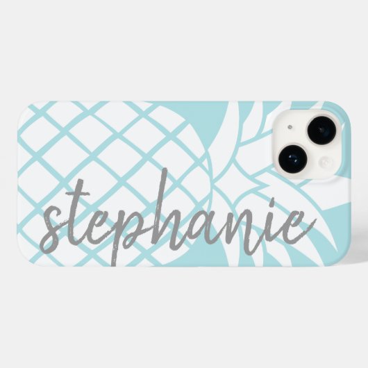 Pastel Blue en White Trendy Pineappel met naam Case-Mate iPhone Case (Achterkant (horizontaal))