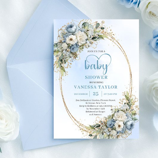 Pastel Blue Eucalyptus Floral Gold Baby Shower   Kaart