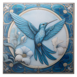 Pastel blue faux relief Art Nouveau Hummingbird R Tegeltje