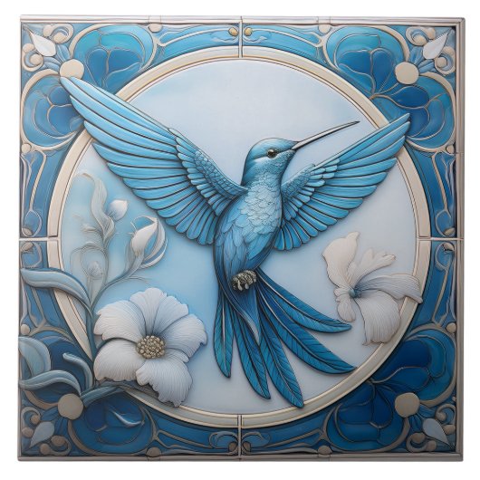 Pastel blue faux relief Art Nouveau Hummingbird R Tegeltje (Voorkant)
