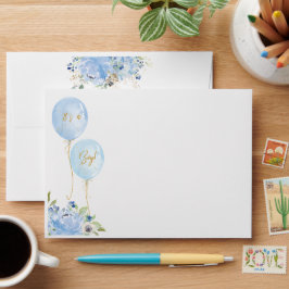 Pastel Blue Floral Balloons Boy teruggekeerd adres Envelop
