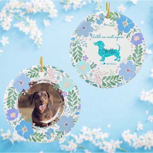 Pastel Blue Floral Dachshund Custom Photo Memorial Keramisch Ornament