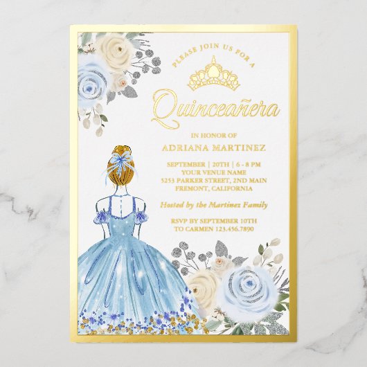 Pastel Blue Floral Dress Princess Quinceanera Gold Folie Uitnodiging (Voorkant)