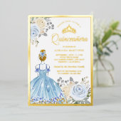 Pastel Blue Floral Dress Princess Quinceanera Gold Folie Uitnodiging (Staand Voorkant)
