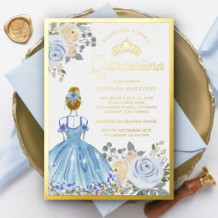 Pastel Blue Floral Dress Princess Quinceanera Gold Folie Uitnodiging