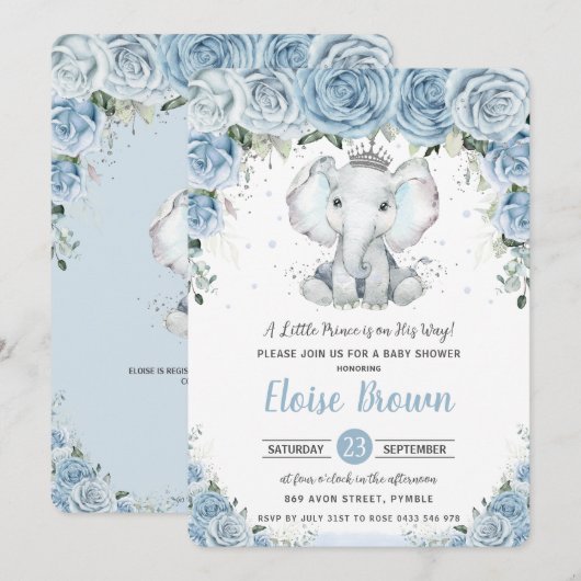 Pastel Blue Floral Elephant Prince Boy Baby shower Kaart (Voorkant / Achterkant)