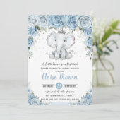 Pastel Blue Floral Elephant Prince Boy Baby shower Kaart (Staand voorkant)