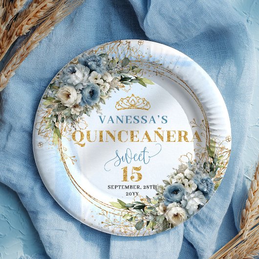 Pastel Blue Floral Eucalyptus Gold Custom Plates Papieren Bordje