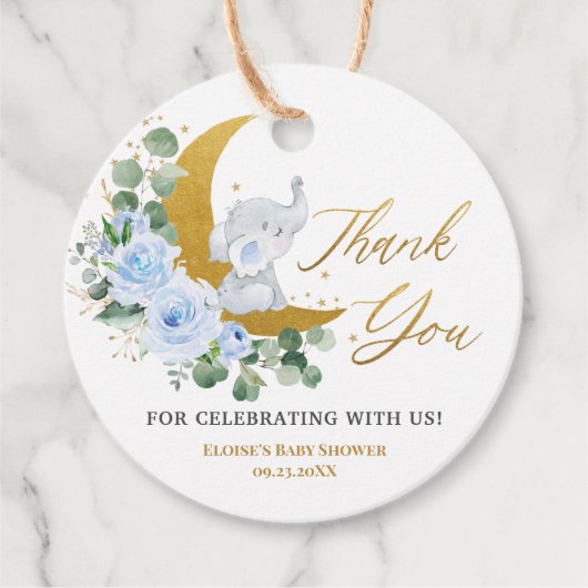 Pastel Blue Floral Greenery Elephant Dank je wel Bedankjes Labels (Voorkant)