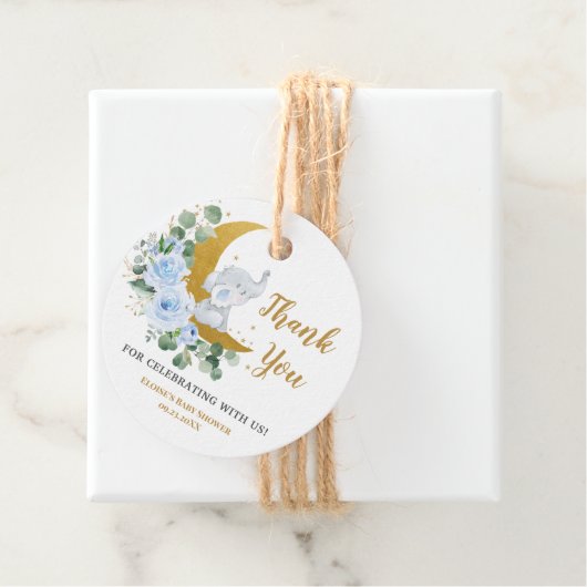 Pastel Blue Floral Greenery Elephant Hartelijk dan Bedankjes Labels (In situ)