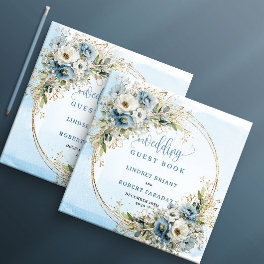 Pastel Blue Floral Greenery Gold Glitter Sign In Gastenboek