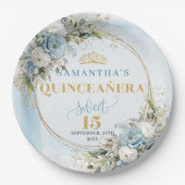 Pastel Blue Floral Greenery Gold Quinceañera Plate Papieren Bordje (Voorkant)