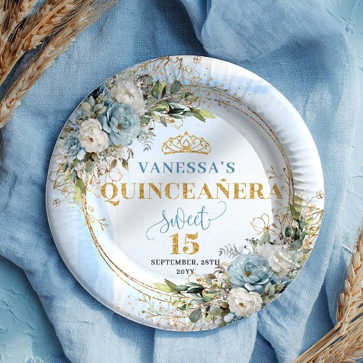 Pastel Blue Floral Greenery Gold Quinceañera Plate Papieren Bordje