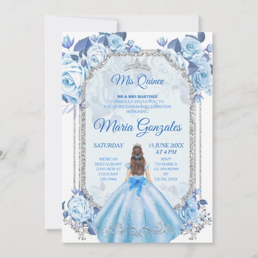 Pastel Blue Floral Mexican Charra Mis Quince Kaart (Voorkant)