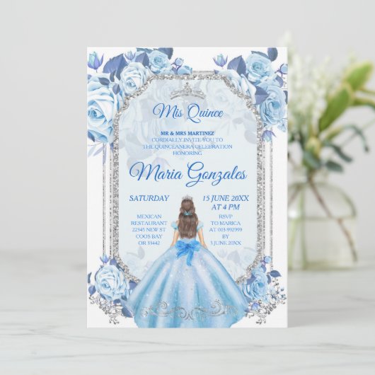 Pastel Blue Floral Mexican Charra Mis Quince Kaart (Staand voorkant)