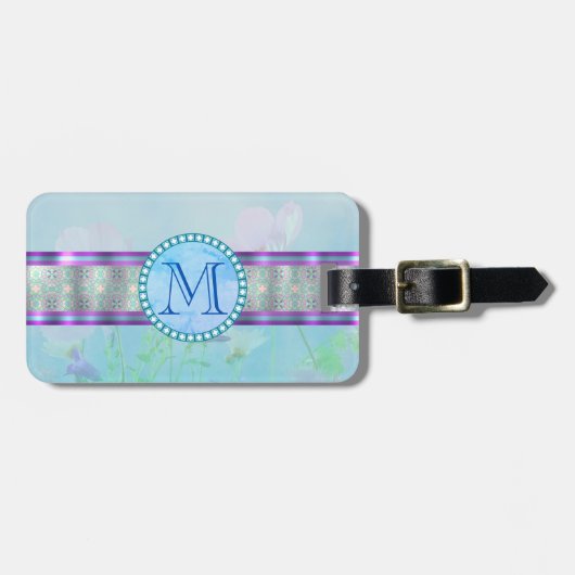 Pastel Blue Floral Monogram Bagagelabel (Voorkant horizontaal)