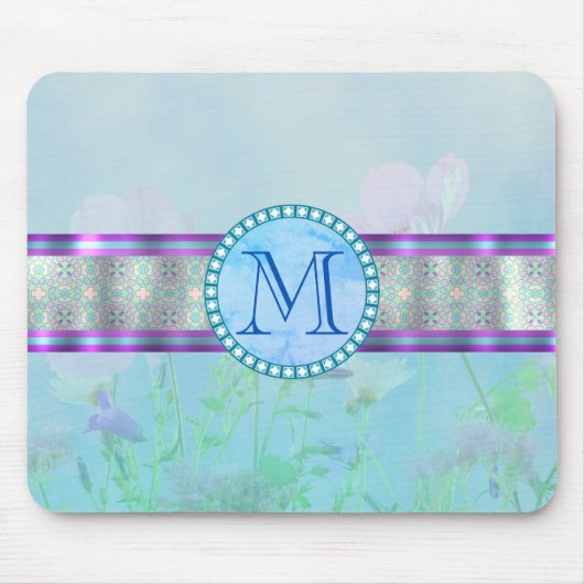 Pastel Blue Floral Monogram Muismat (Voorkant)