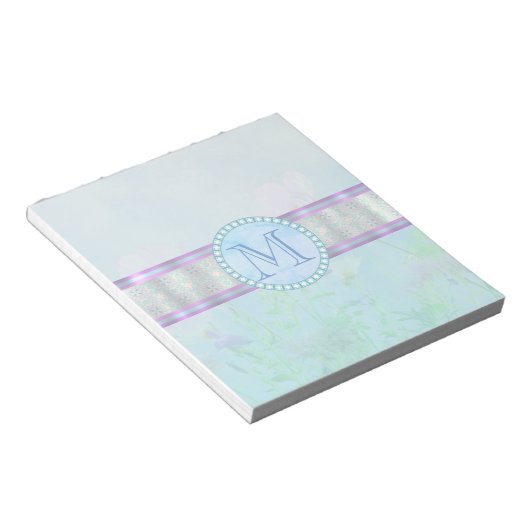 Pastel Blue Floral Monogram Notitieblok (Schuin)