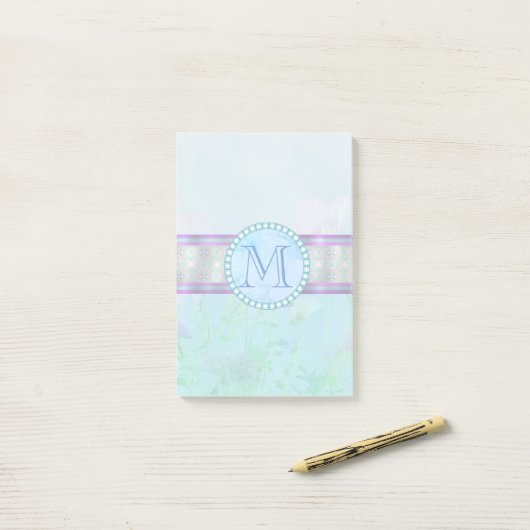 Pastel Blue Floral Monogram Post-it® Notes (Op bureau)