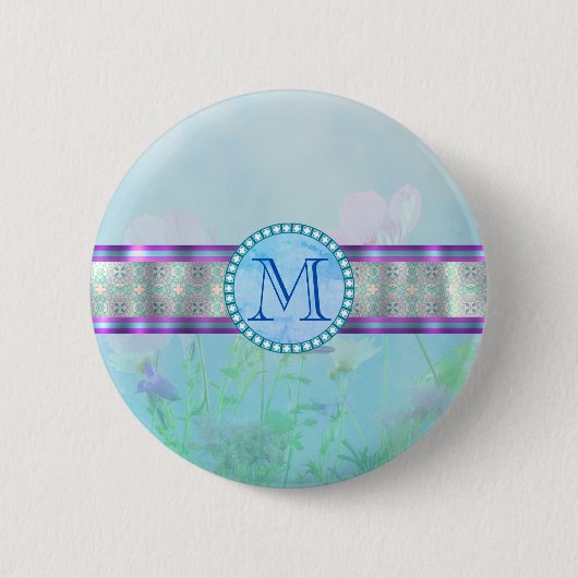 Pastel Blue Floral Monogram Ronde Button 5,7 Cm (Voorkant)