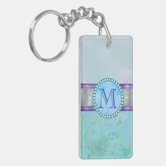 Pastel Blue Floral Monogram Sleutelhanger (Voorkant Links)
