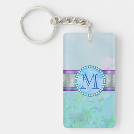 Pastel Blue Floral Monogram Sleutelhanger (Voorkant)
