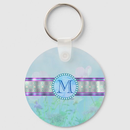 Pastel Blue Floral Monogram Sleutelhanger (Voorkant)