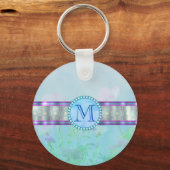 Pastel Blue Floral Monogram Sleutelhanger (Voorkant)