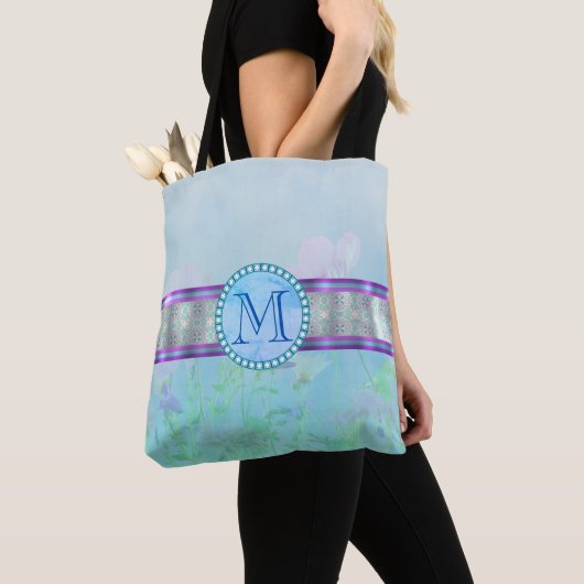 Pastel Blue Floral Monogram Tote Bag (Dichtbij)