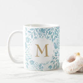 Pastel Blue Floral Pattern Monogram Koffiemok