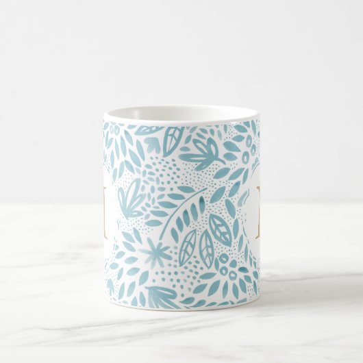 Pastel Blue Floral Pattern Monogram Koffiemok (Center)