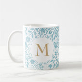 Pastel Blue Floral Pattern Monogram Koffiemok (Links)