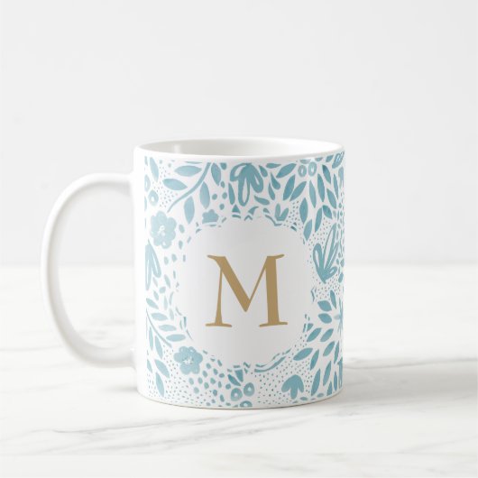 Pastel Blue Floral Pattern Monogram Koffiemok (Links)