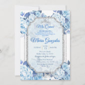 Pastel Blue Floral Rozen Mis Quince Uitnodiging (Voorkant)