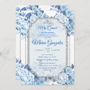 Pastel Blue Floral Rozen Mis Quince Uitnodiging