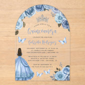 Pastel Blue Floral Rozen Waterverf Quinceañera Acryl Uitnodigingen (Voorkant)