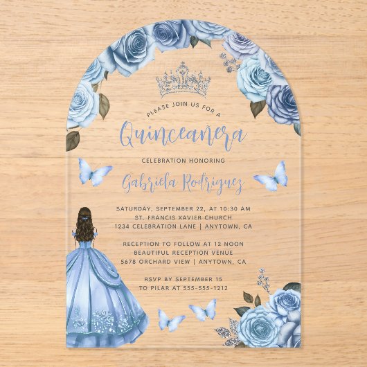Pastel Blue Floral Rozen Waterverf Quinceañera Acryl Uitnodigingen (Voorkant)