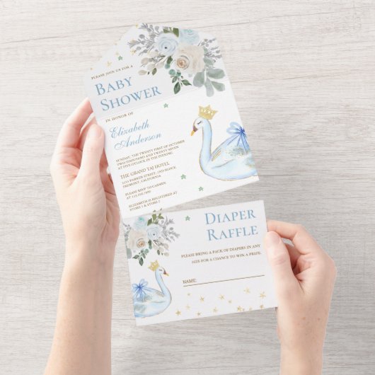 Pastel Blue Floral Swan Princess Baby shower All In One Uitnodiging (Afscheurbaar)