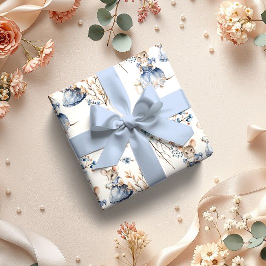 Pastel Blue Floral Tea Muizen Inpakpapier Vel