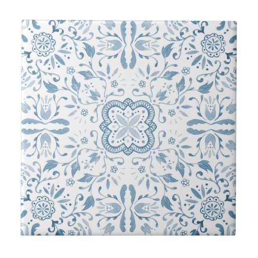 Pastel Blue  Floral Waterverf Patroon Tegeltje (Voorkant)