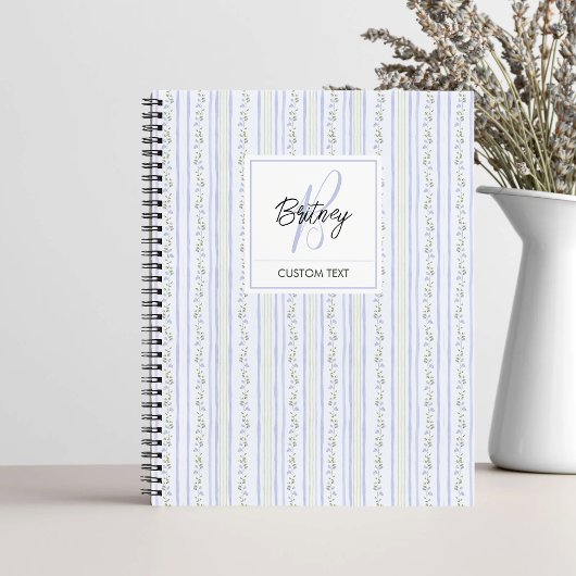 Pastel Blue Flowers and Stripes Coquette Monogram Notitieboek