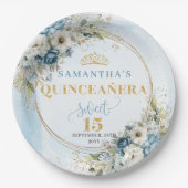 Pastel Blue Flowers Eucalyptus Gold Custom Quince  Papieren Bordje (Voorkant)