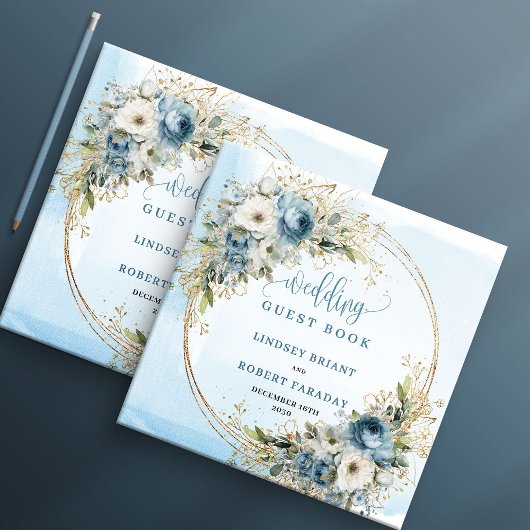 Pastel Blue Flowers Eucalyptus Gold Wedding Book Gastenboek