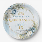 Pastel Blue Flowers Gold Custom Quinceañera Plates Papieren Bordje (Voorkant)