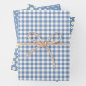 Pastel Blue Gingham Daisy Flower Polka Dot Pattern Inpakpapier Vel (In situ)