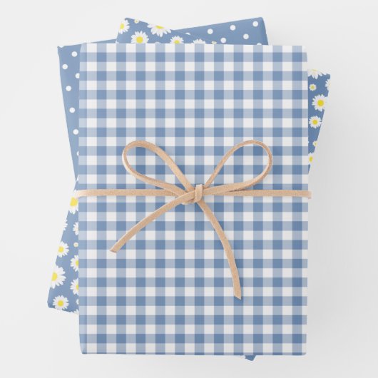Pastel Blue Gingham Daisy Flower Polka Dot Pattern Inpakpapier Vel (In situ)