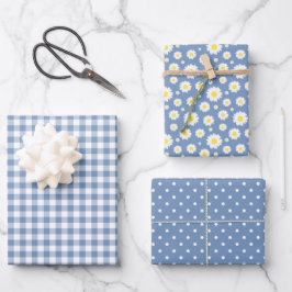 Pastel Blue Gingham Daisy Flower Polka Dot Pattern Inpakpapier Vel